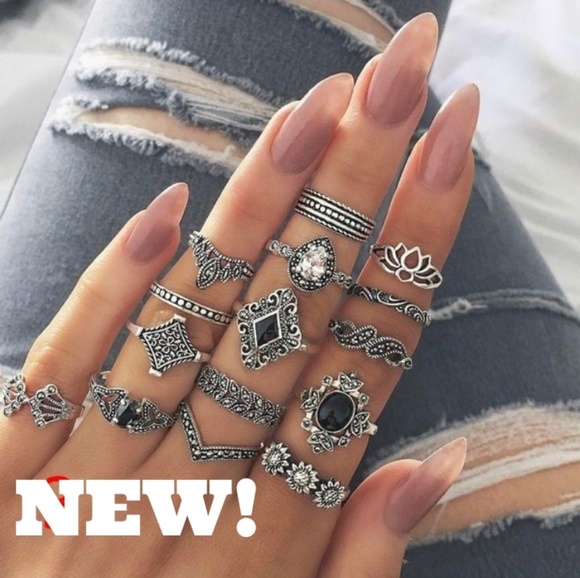 - Jewelry - Trendy Black Onyx & Silver Fashion Ring Set